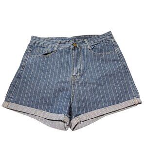 Falmer Heritage Women's Blue Striped Cuffed High Rise Mom Jean Shorts Small